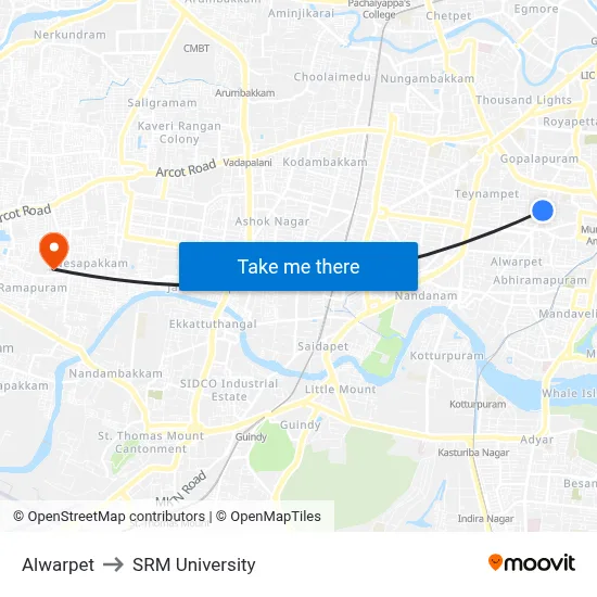 Alwarpet to SRM University map