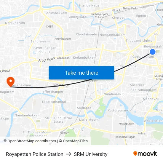 Royapettah Police Station to SRM University map