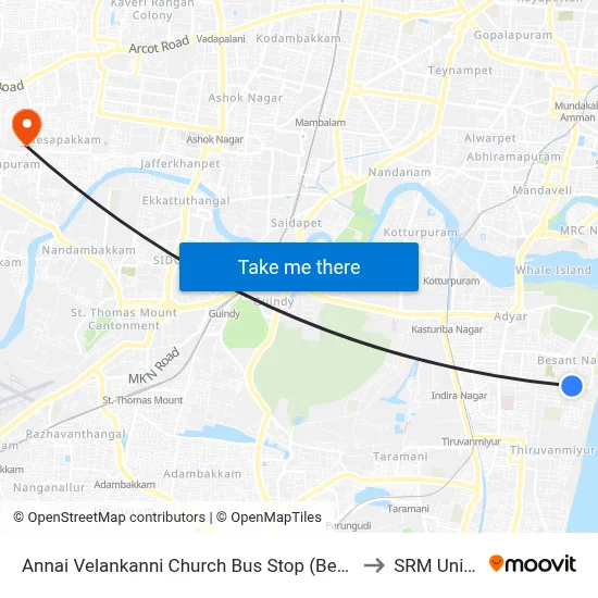 Annai Velankanni Church Bus Stop (Besant Nagar Chruch) to SRM University map