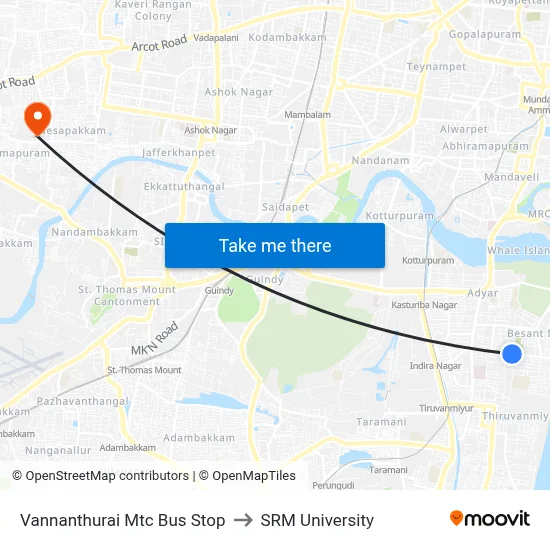 Vannanthurai Mtc Bus Stop to SRM University map