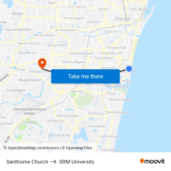 Santhome Church to SRM University map