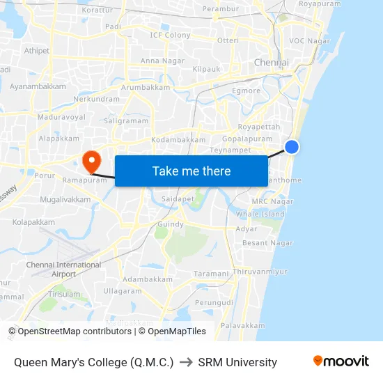 Queen Mary's College (Q.M.C.) to SRM University map