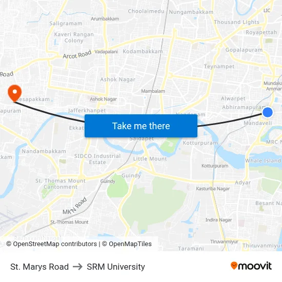 St. Marys Road to SRM University map
