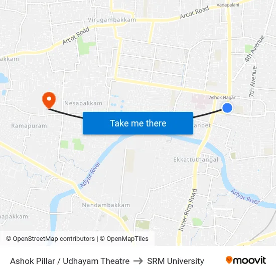 Ashok Pillar / Udhayam Theatre to SRM University map