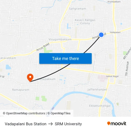 Vadapalani Bus Station to SRM University map