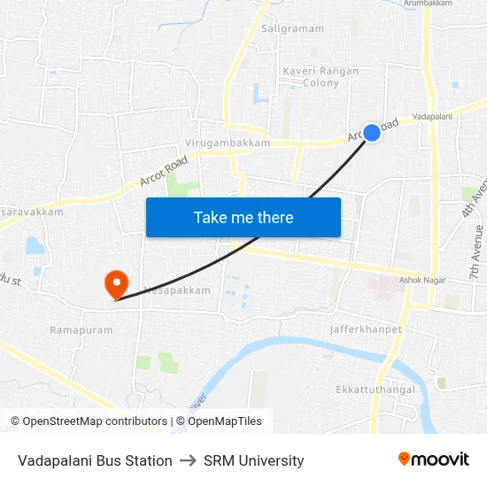 Vadapalani Bus Station to SRM University map