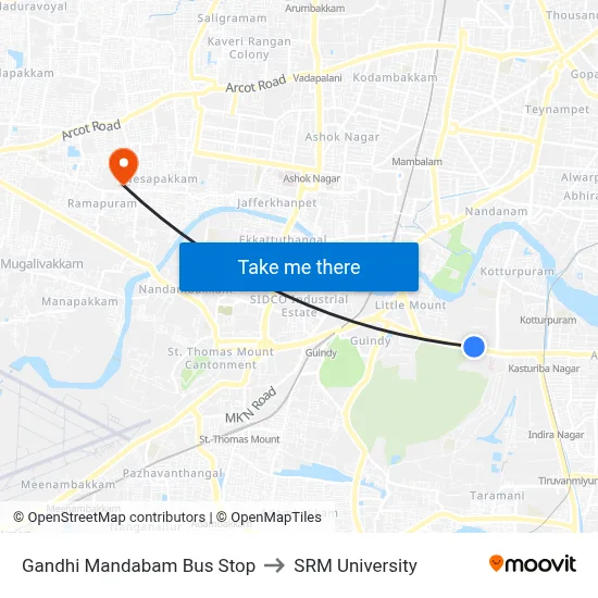Gandhi Mandabam Bus Stop to SRM University map
