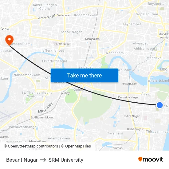 Besant Nagar to SRM University map