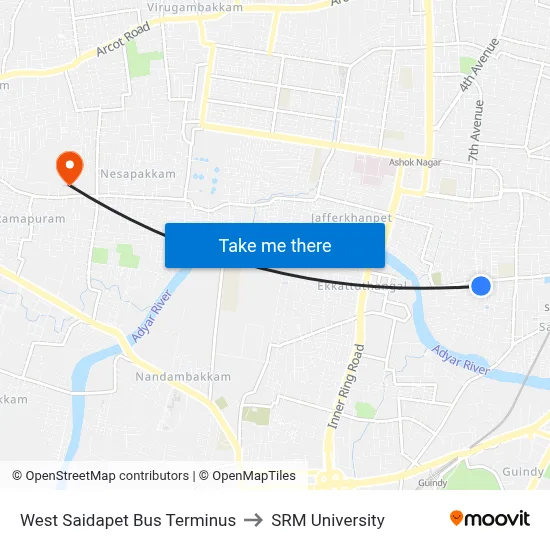 West Saidapet Bus Terminus to SRM University map