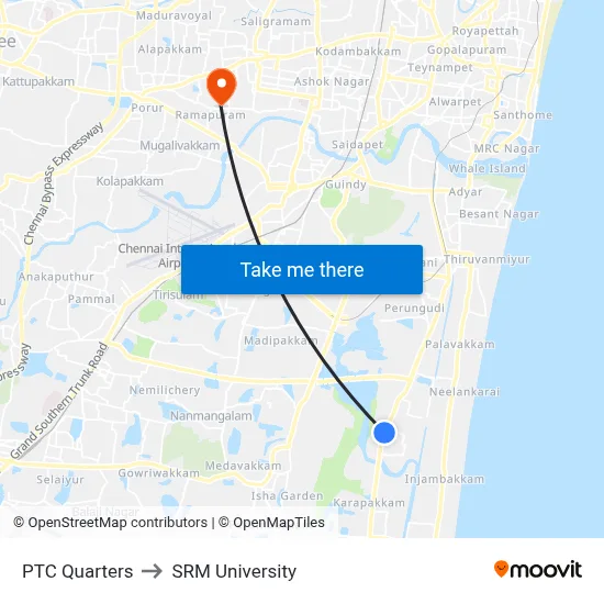 PTC Quarters to SRM University map