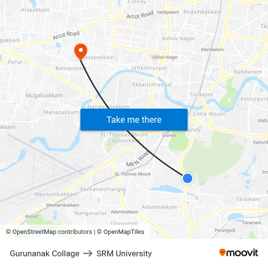 Gurunanak Collage to SRM University map