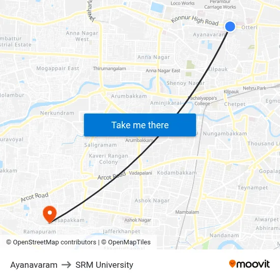 Ayanavaram to SRM University map