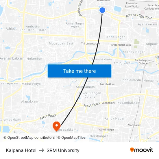 Kalpana Hotel to SRM University map