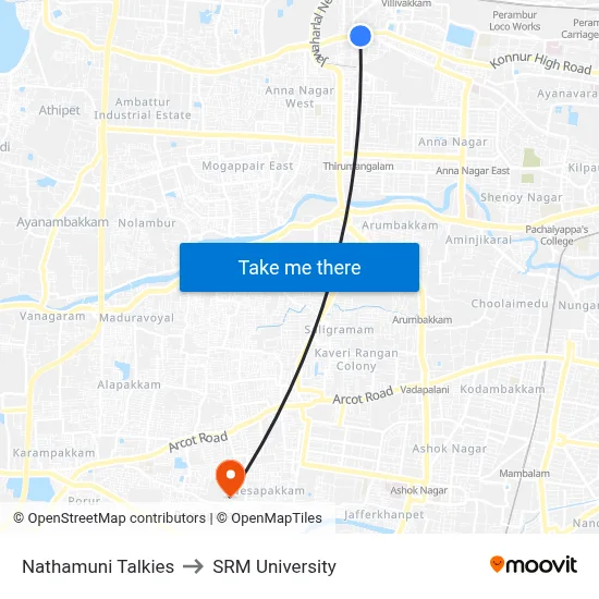 Nathamuni Talkies to SRM University map