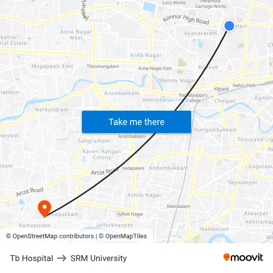 Tb Hospital to SRM University map