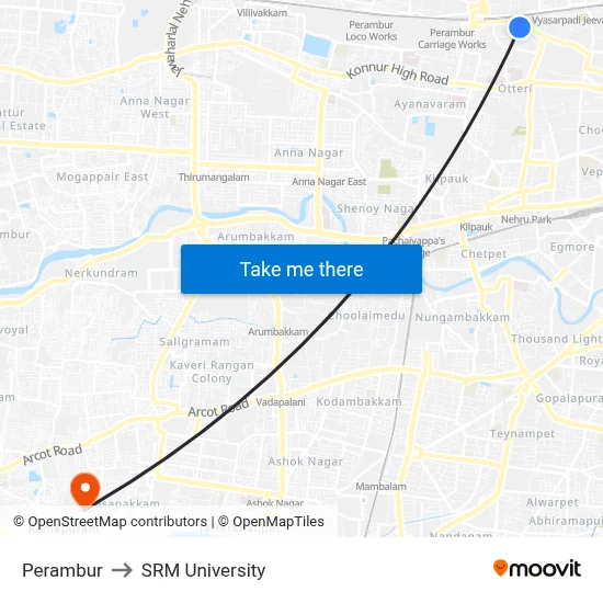 Perambur to SRM University map