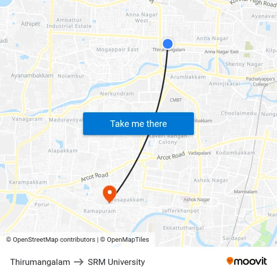 Thirumangalam to SRM University map