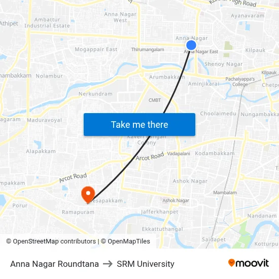 Anna Nagar Roundtana to SRM University map
