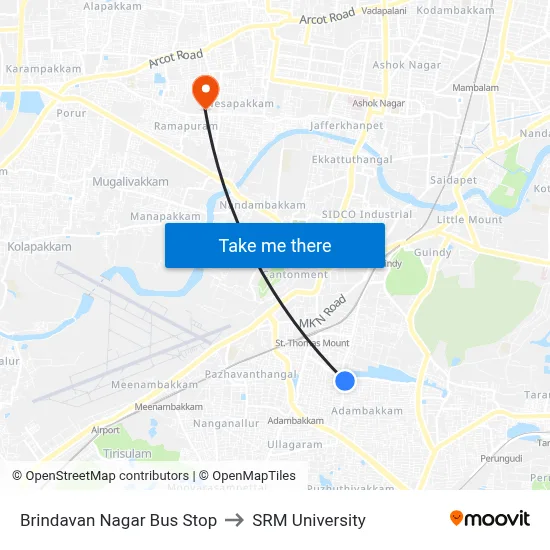 Brindavan Nagar Bus Stop to SRM University map