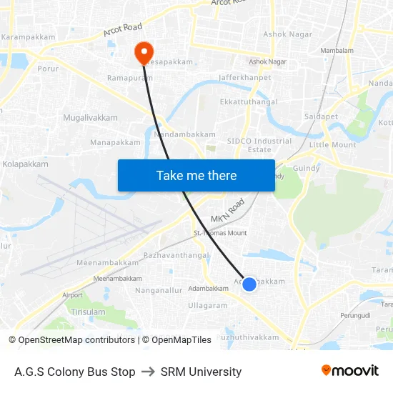 A.G.S Colony Bus Stop to SRM University map