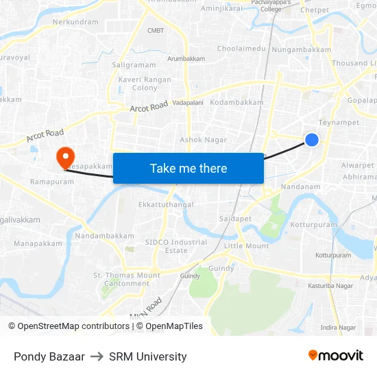 Pondy Bazaar to SRM University map