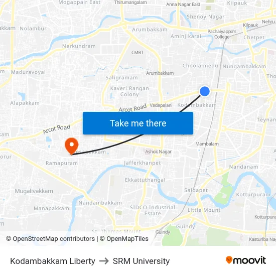Kodambakkam Liberty to SRM University map