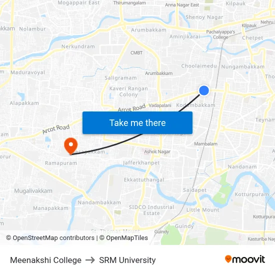 Meenakshi College to SRM University map