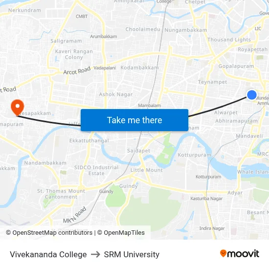Vivekananda College to SRM University map