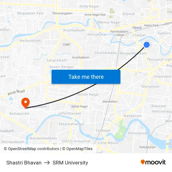 Shastri Bhavan to SRM University map