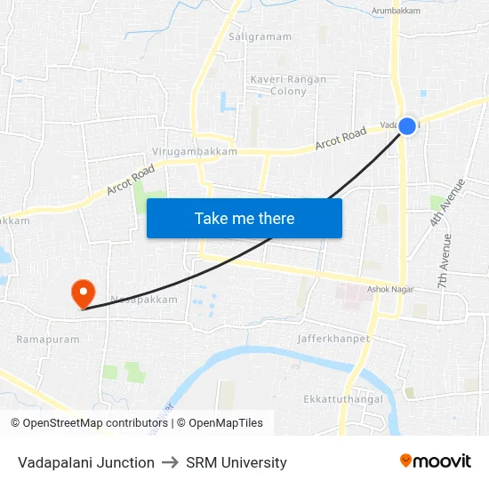 Vadapalani Junction to SRM University map