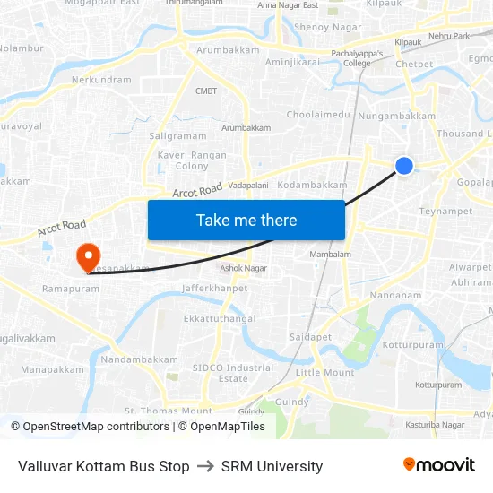 Valluvar Kottam Bus Stop to SRM University map