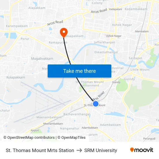 St. Thomas Mount Mrts Station to SRM University map