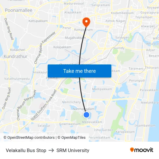 Velakallu Bus Stop to SRM University map