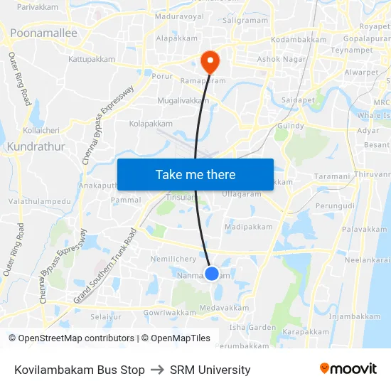 Kovilambakam Bus Stop to SRM University map