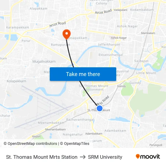St. Thomas Mount Mrts Station to SRM University map