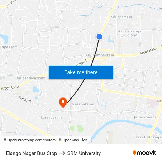 Elango Nagar Bus Stop to SRM University map