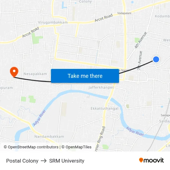 Postal Colony to SRM University map
