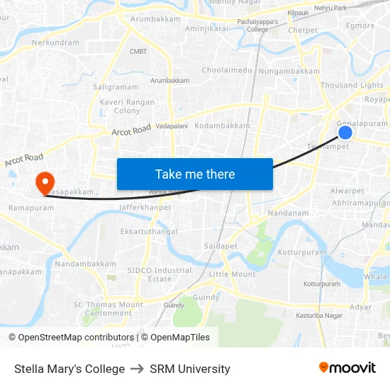 Stella Mary's College to SRM University map