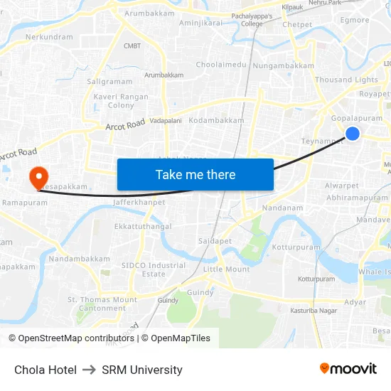 Chola Hotel to SRM University map