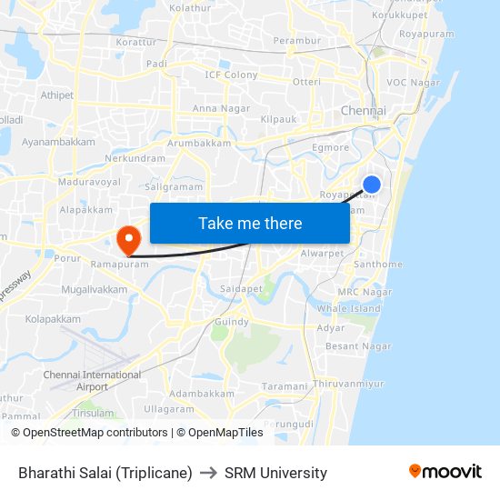 Bharathi Salai (Triplicane) to SRM University map