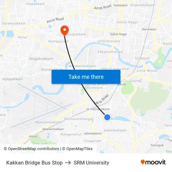 Kakkan Bridge Bus Stop to SRM University map