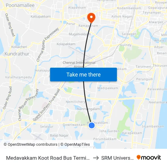 Medavakkam Koot Road Bus Terminus to SRM University map