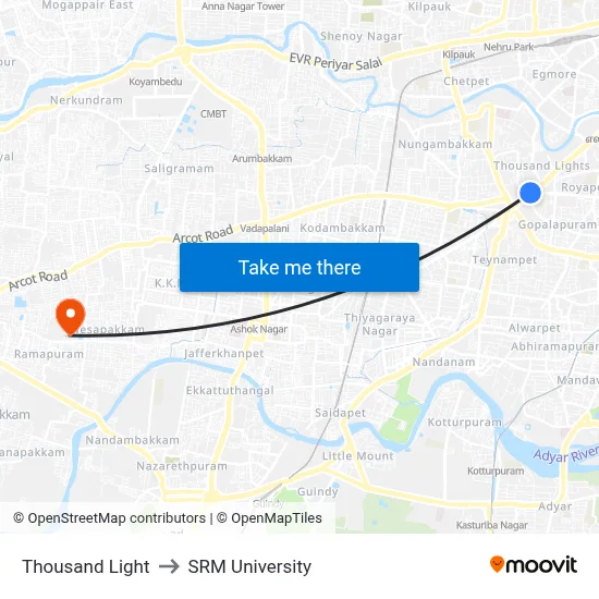 Thousand Light to SRM University map