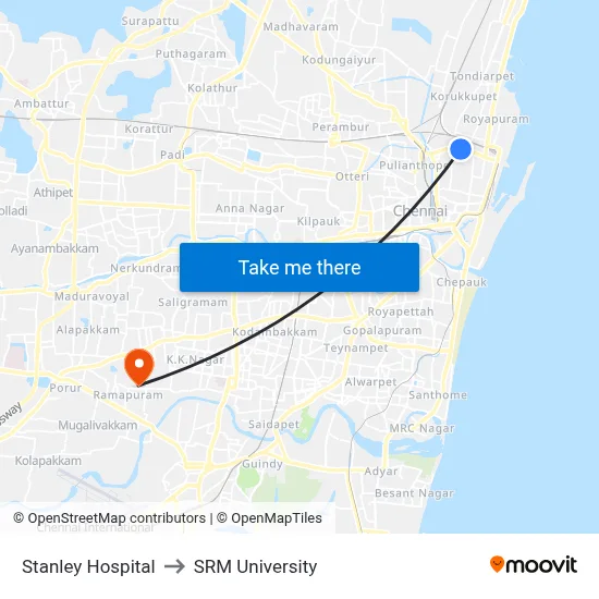 Stanley Hospital to SRM University map