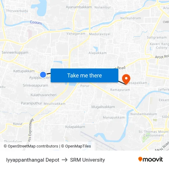 Iyyappanthangal Depot to SRM University map