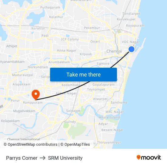 Parrys Corner to SRM University map