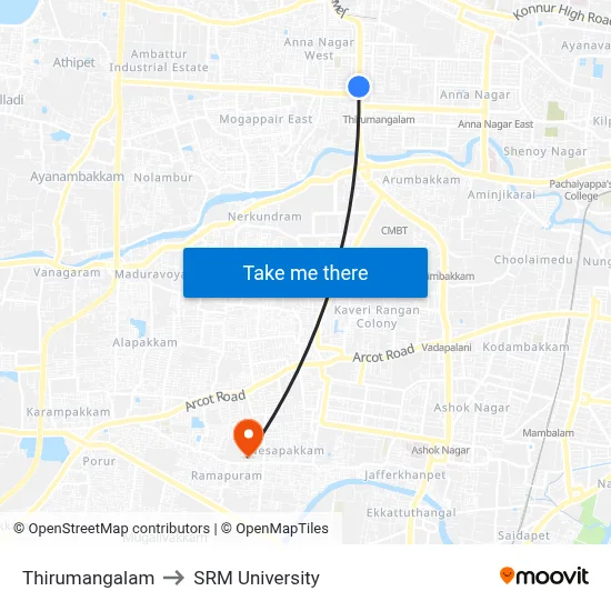 Thirumangalam to SRM University map
