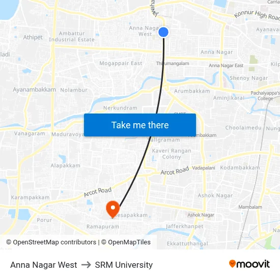 Anna Nagar West to SRM University map