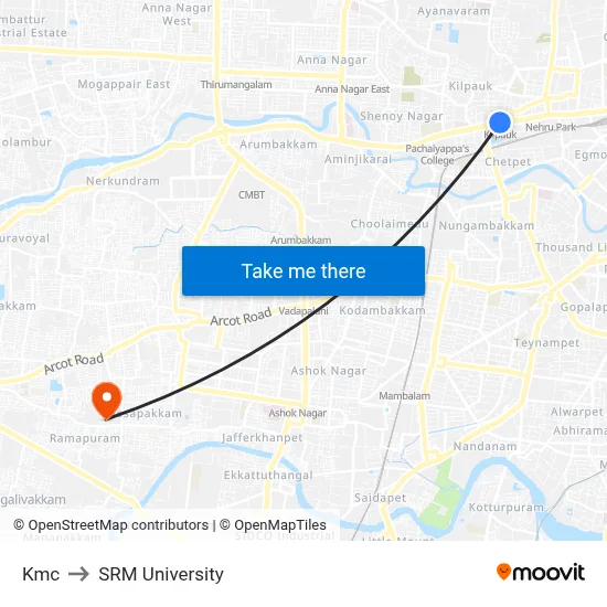Kmc to SRM University map