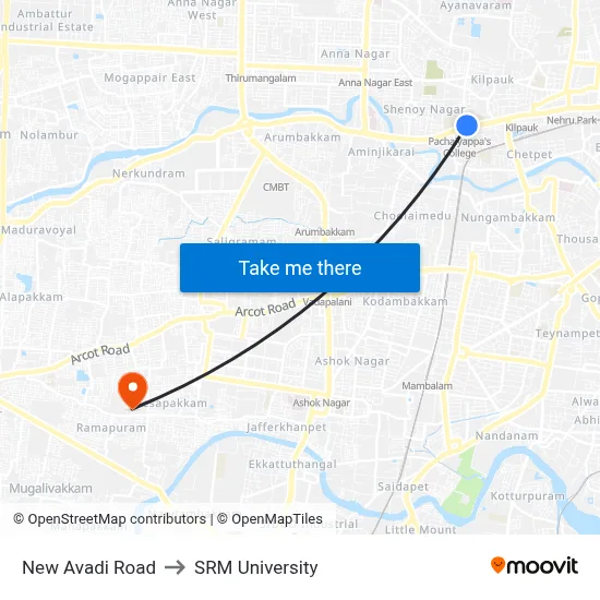 New Avadi Road to SRM University map